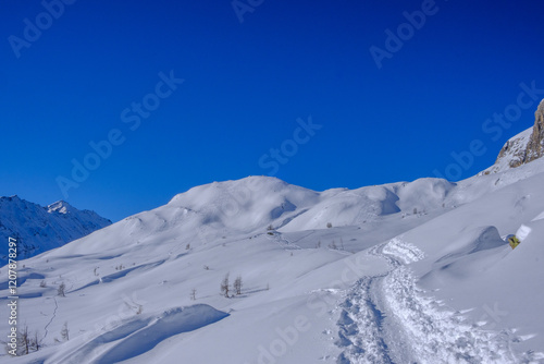 Tracce di sci alpinisti sulla neve fresca verso il Lago delle Pigne, Alpi Svizzere, Ticino photo