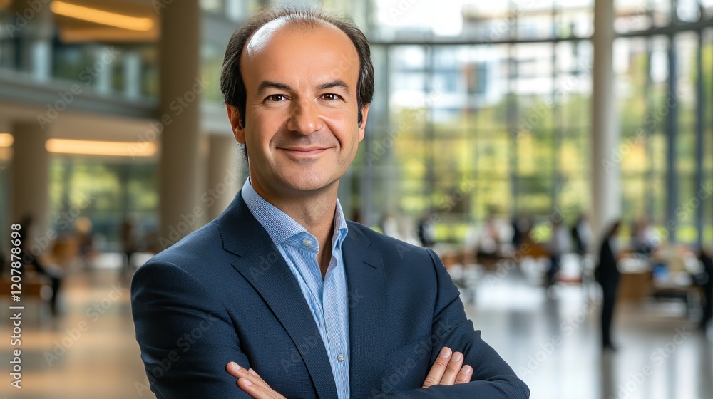 Confident Middle-Aged Man with Arms Crossed in Modern Office Building