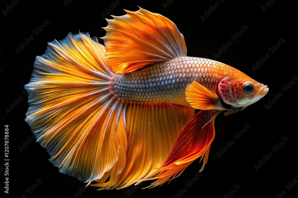 Low Light Betta Fish, Gold Orange Tail, Halfmoon, Pla-kad, Black Background Low Light Betta Fish, Gold Orange Tail, Halfmoon, Pla-kad, Black Background