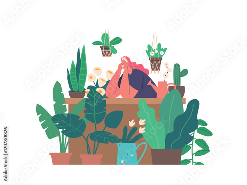 Florist Woman In Flower Shop. Female Character Sitting At Desk With Fresh Bouquets And Houseplants Vector Illustration
