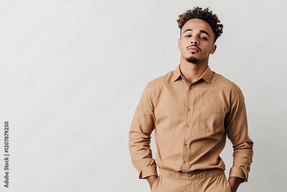 Obraz premium Stylish Young Man in Beige Shirt Casual Portrait Studio Shot Handsome Male Model Fashion Apparel Modern Relaxed Style Neutral Background Simple