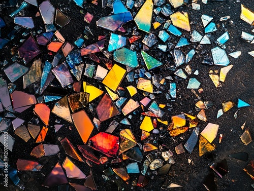 Broken pieces of colorful glass scatter across a dark surface, creating a vibrant and abstract pattern with a sharp contrast of light, texture and color.