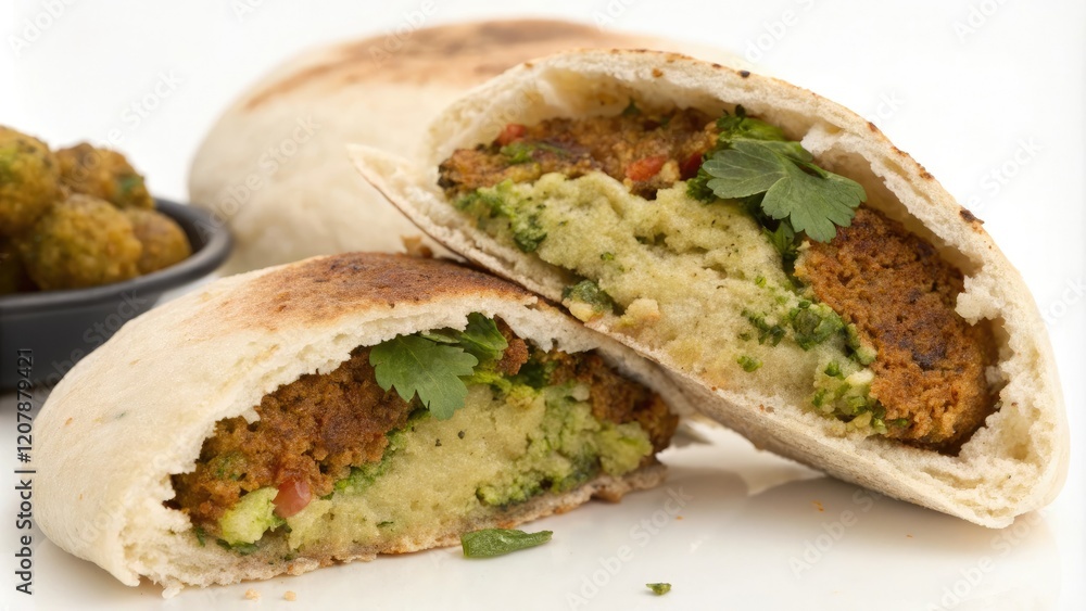 Close-up shot of a juicy falafel half cut open to reveal its fluffy interior and spicy flavor, close-up cooking, crispy exterior, flavorful meatball alternative, soft center, spicy food Close-up shot of a juicy falafel half cut open to reveal its fluffy interior and spicy flavor, close-up cooking, crispy exterior, flavorful meatball alternative, soft center, spicy food