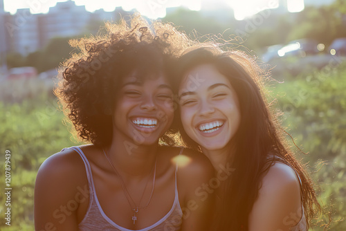 Happy,  lesbian couple hugging and laughing outdoors, having fun at a park on a sunny day