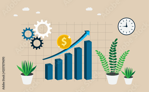 A dynamic representation of financial growth, Surrounded by green plants, mechanical gears, and a clock, it symbolizes progress, efficiency, and sustainable success in business.