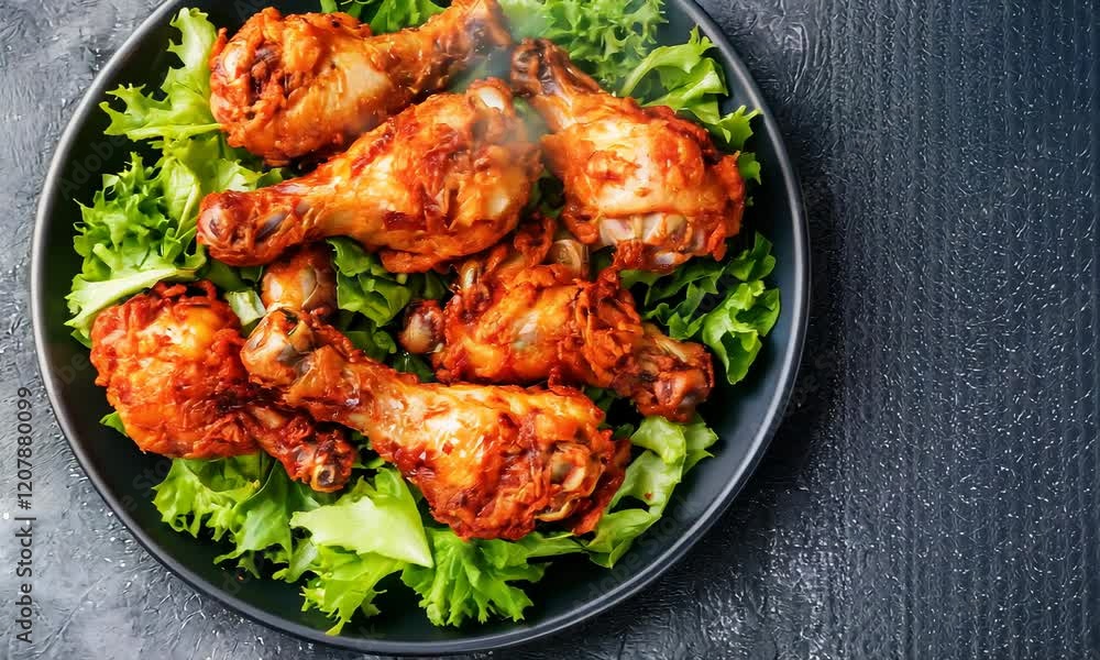 Crispy fried chicken drumsticks served on fresh lettuce, a delicious and appealing meal. Crispy fried chicken drumsticks served on fresh lettuce, a delicious and appealing meal.