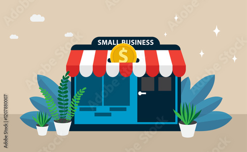 A charming storefront adorned with a "SMALL BUSINESS" sign and surrounded by greenery embodies growth, community spirit, and the pursuit of financial prosperity.