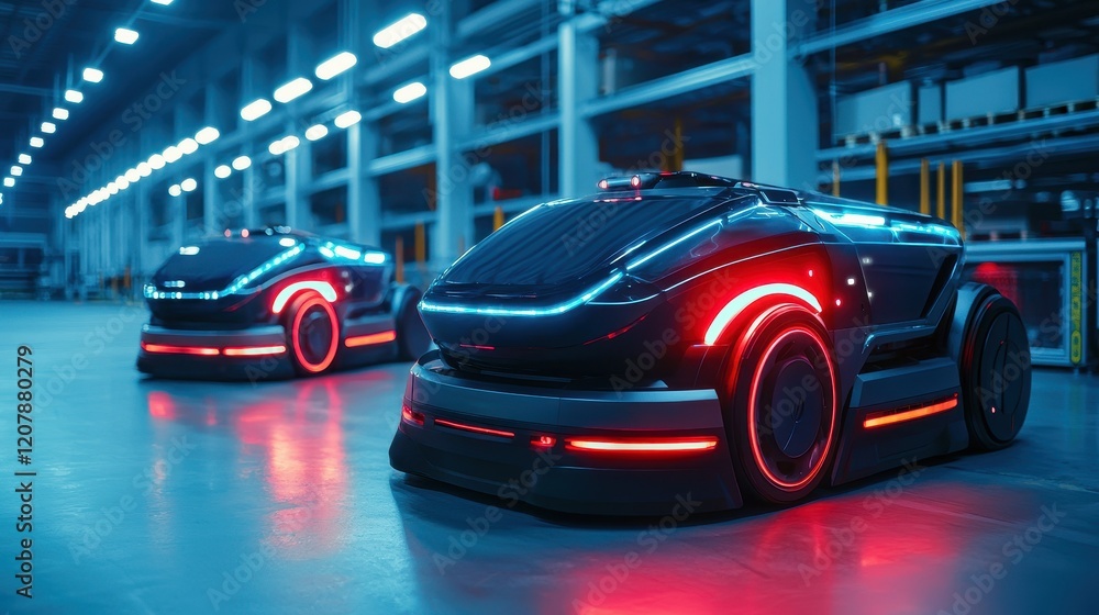 Fototapeta premium Autonomous electric vehicles futuristic factory digital art industrial space low angle view innovation in transportation