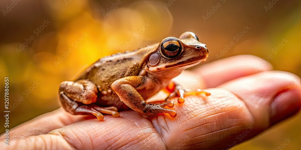 Low Light Frog in Hand, Tiny Brown Amphibian, Night Photography, Close-up Low Light Frog in Hand, Tiny Brown Amphibian, Night Photography, Close-up