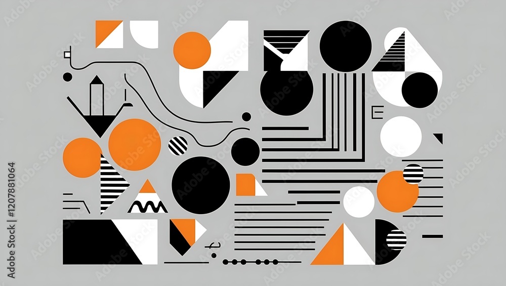 Minimalist geometric abstract art with circles, triangles, squares, and wavy lines in black, white, and orange on a light gray background. Playful, balanced, and contemporary design. Minimalist geometric abstract art with circles, triangles, squares, and wavy lines in black, white, and orange on a light gray background. Playful, balanced, and contemporary design.
