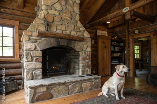 An old stone fireplace in a rustic cabin with a dog sitting nearby and a bone at its feet, , bone, cozy ambiance photo