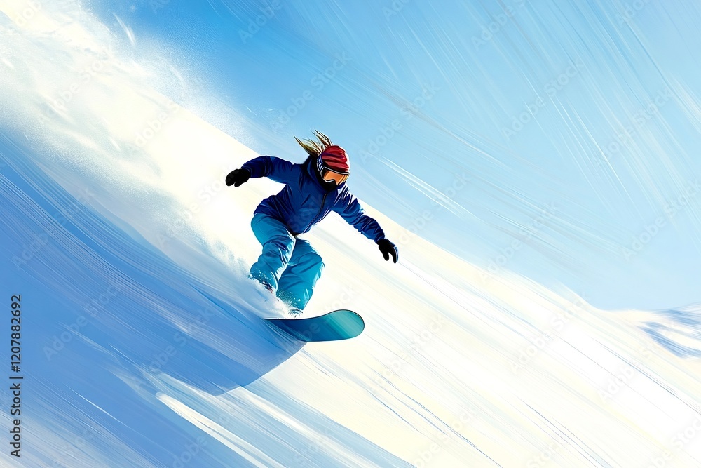 Snowboarder surfing fresh powder snow on sunny day Snowboarder surfing fresh powder snow on sunny day