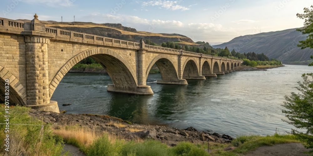 Fototapeta premium Arched stone bridge spanning Columbia River, arched bridges, rivers