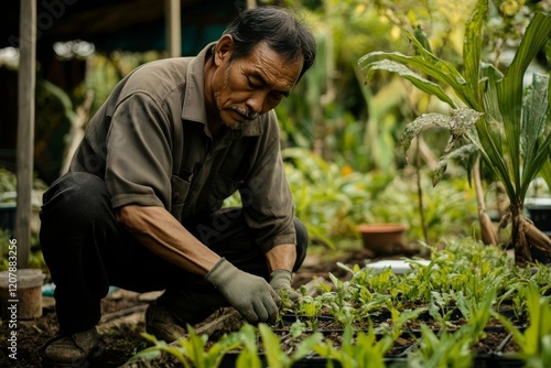 Hardworking Farmer Planting Seedlings Green Lush Garden Organic Farming Agriculture Man Working Outdoors Rural Scene Nature Springtime Gardening       photo