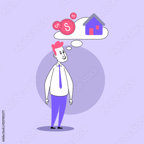 Man in white shirt and tie standing, smiling as imagining money and house above his head. Dream and hope concept