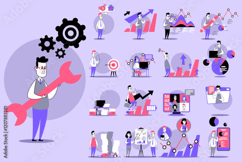 Illustration of various business concepts, including analytics, teamwork, and tools for productivity. Collection of modern approach to visual communication in business settings