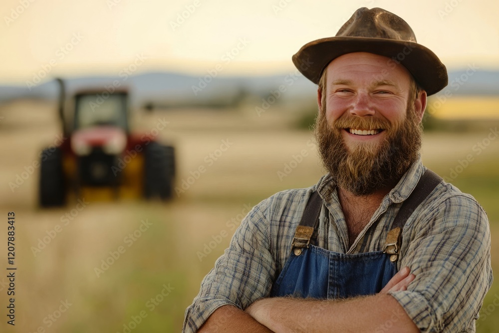 Happy Farmer Smiling Outdoors in Field with Tractor Background Rural Countryside Agriculture Lifestyle Portrait Authentic Joyful Man Working Hard Happy Farmer Smiling Outdoors in Field with Tractor Background Rural Countryside Agriculture Lifestyle Portrait Authentic Joyful Man Working Hard