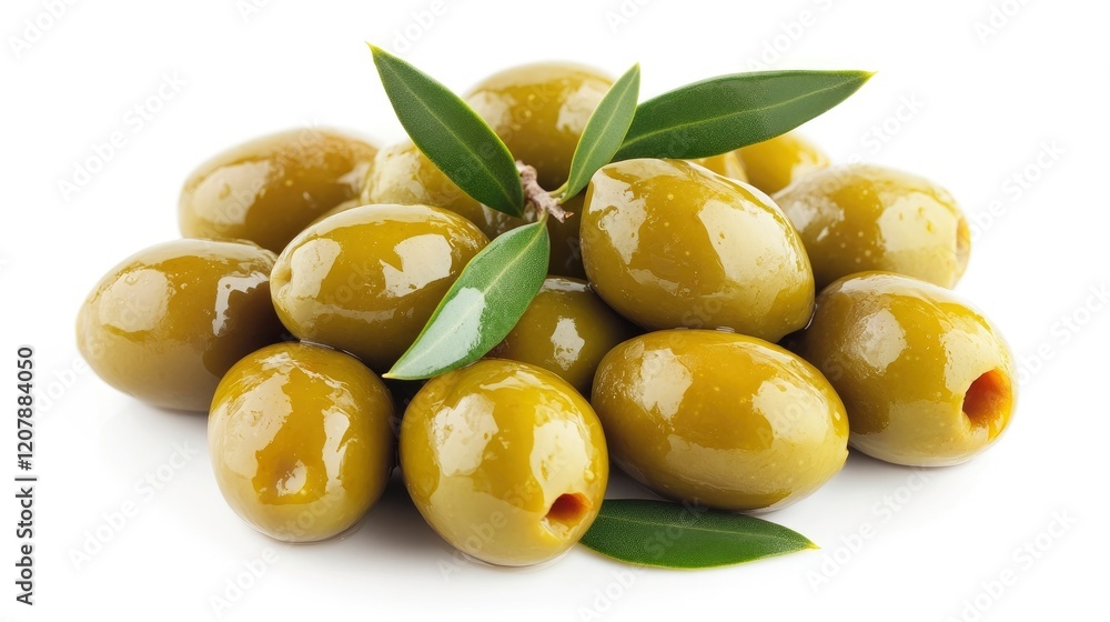 Delicious green olives with leaves, isolated on white background. Delicious green olives with leaves, isolated on white background.