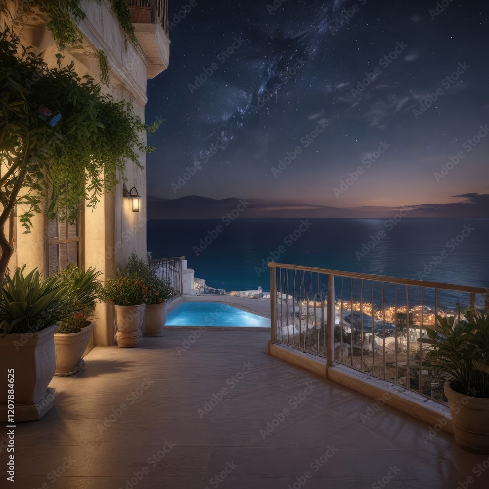 Naklejka premium Balcony with Mediterranean Sea view at night under stars, twinkling lights, outdoor lighting