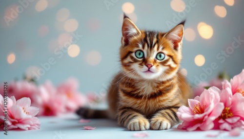 Cute kitten with stripes and blue eyes surrounded by pink flowers photo