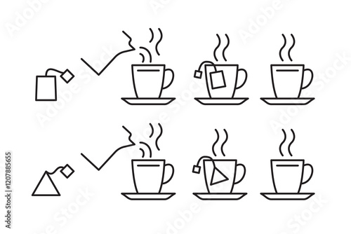 Illustration of the process of brewing tea with rectangular and pyramidal teabags in cups.