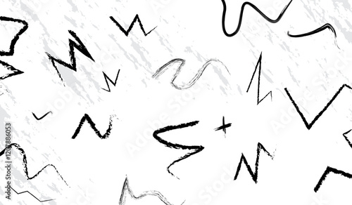 Black abstract lines and zigzags on a white background with light gray texture accents.