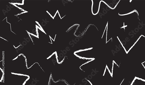 Abstract black-and-white zigzag pattern with wavy and jagged brushstroke lines on a dark background.