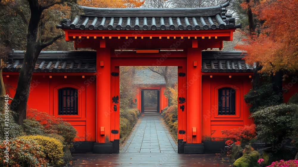 Fototapeta premium Vibrant Red Gate Leads To Autumnal Japanese Garden Path