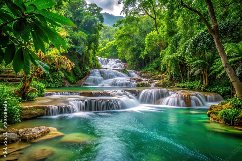 Fototapeta premium Lush Rainforest Waterfall Ocho Rios Jamaica, Tropical Paradise