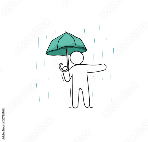 Doodle weather icon - man with umbrella. Sketch of man in storm, character in rainy weather, vector hand drawn illustration