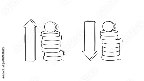 Money with up and down arrows. Doodle gold coins stacks with arrow sign. Concept of cost graph, stocks price and rate changes, profit and money loss, vector sketch illustration