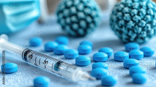 Vaccine research pills, syringe, virus models photo