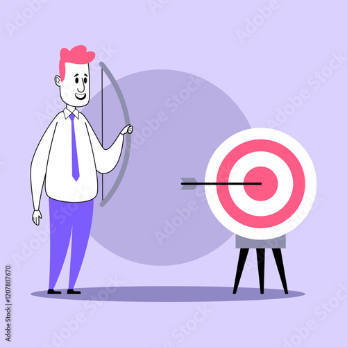 Man in tie standing ready with bow, aiming at target. Archery practice and targeting concept