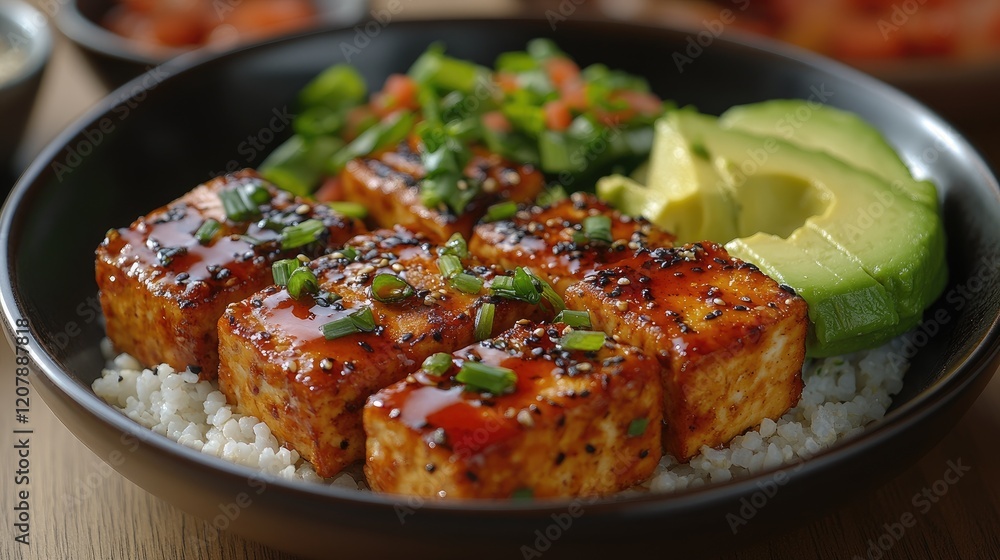 Vegan Tofu Bowl, Rice, Avocado, Sauce, Table Vegan Tofu Bowl, Rice, Avocado, Sauce, Table