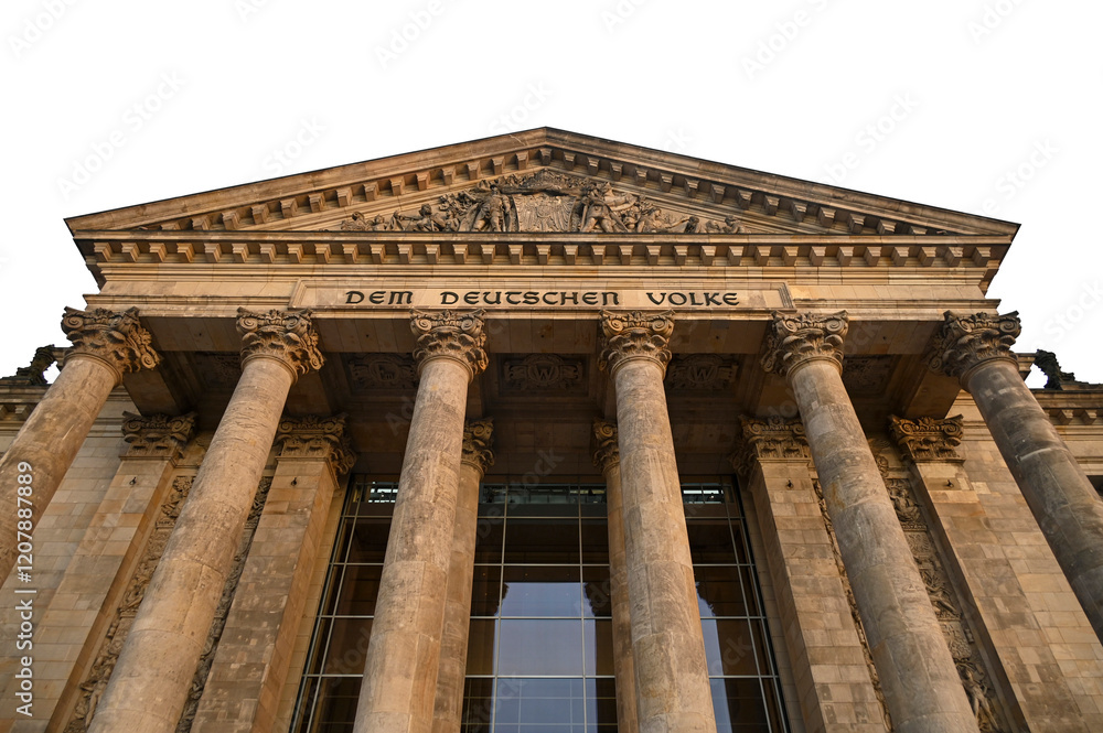 Obraz premium Dem Deutschen Volke sign on Reichstag building in Berlin, Germany, PNG