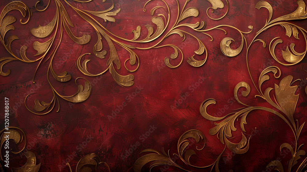 Ornate gold flourishes on deep red textured background Ornate gold flourishes on deep red textured background