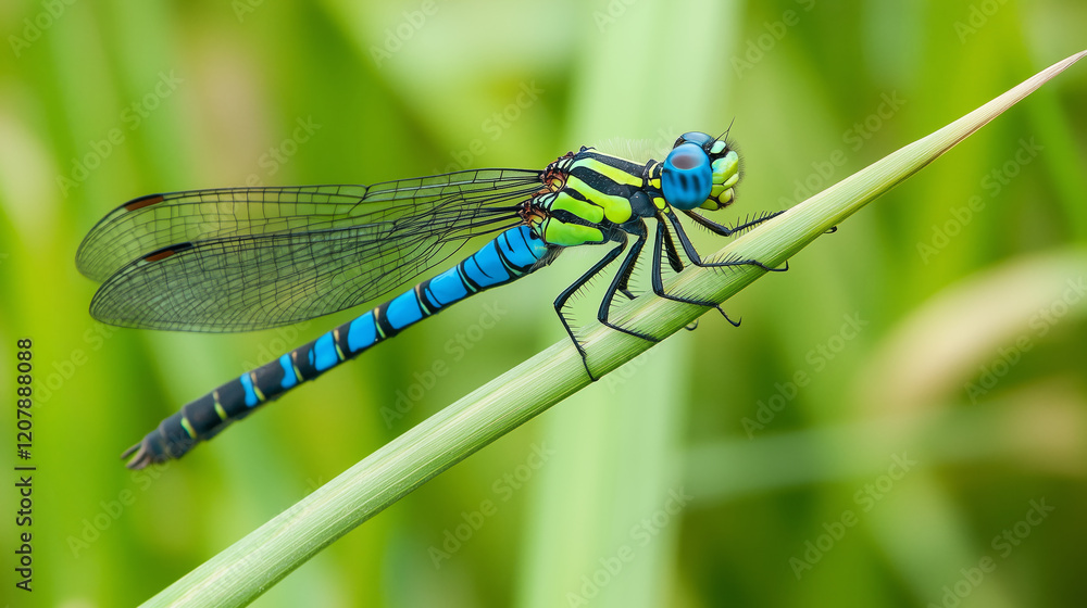 vibrant dragonfly perched on green reed in wetland habitat vibrant dragonfly perched on green reed in wetland habitat