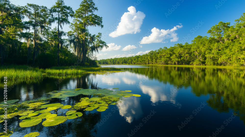 Fototapeta premium serene wetland scene with lush trees and reflective water