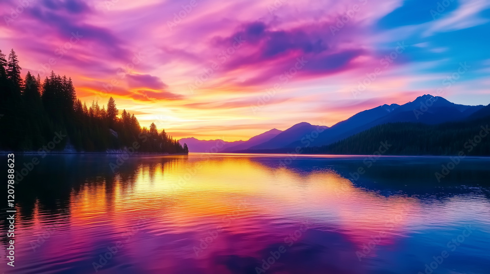 Fototapeta premium stunning sunset over tranquil lake, reflecting vibrant colors on water