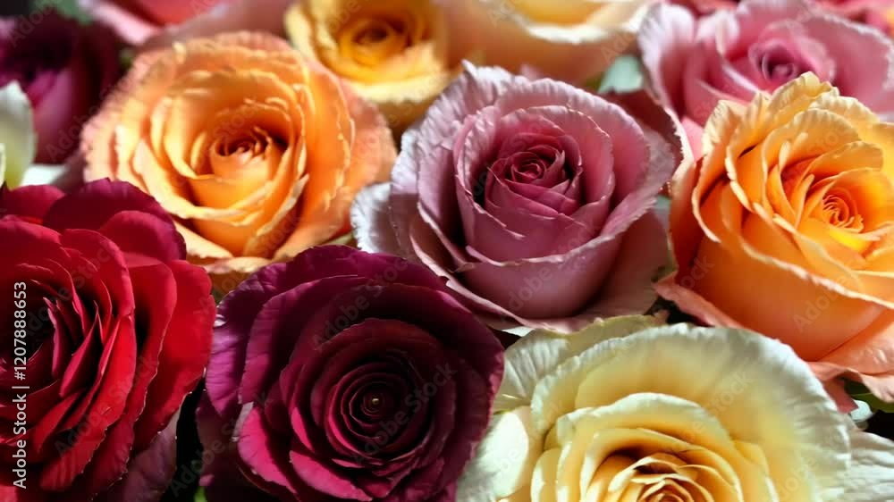 Macro View of a Stunning Various Roses Bouquet Adorned with Dew Drops, Filled Screen Macro View of a Stunning Various Roses Bouquet Adorned with Dew Drops, Filled Screen