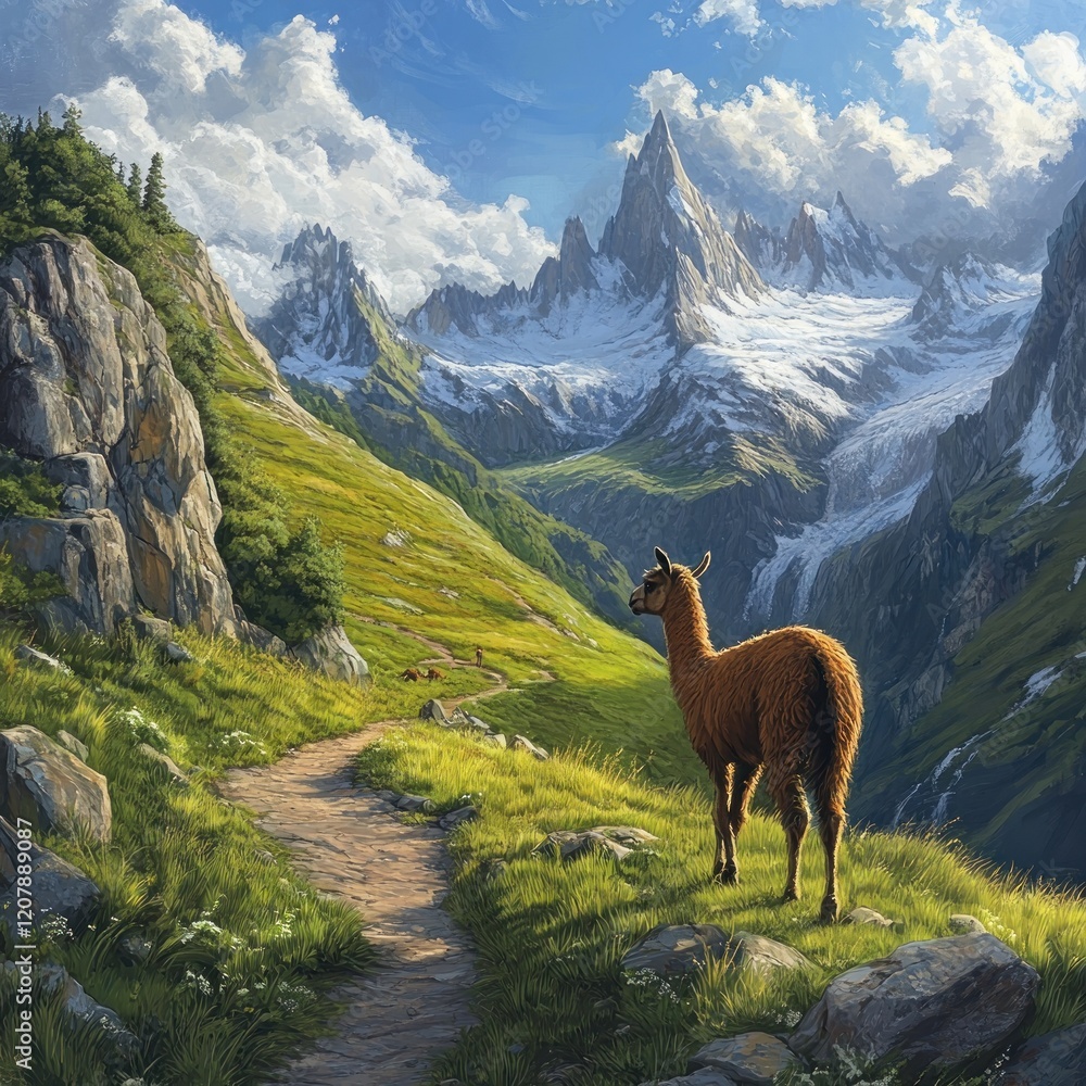 Fototapeta premium Llama trekking alpine mountain path, scenic view