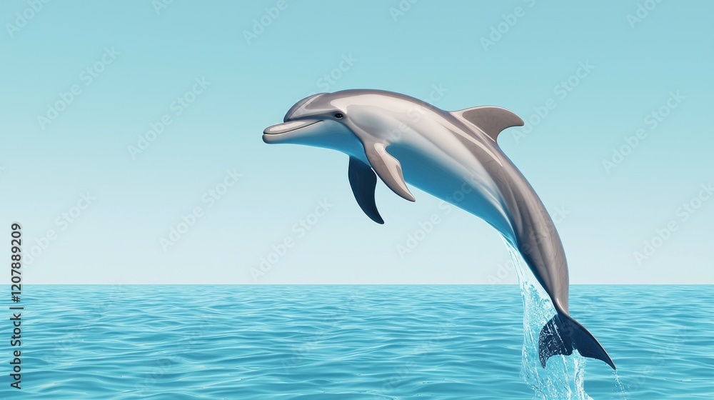 Fototapeta premium A dolphin leaps gracefully above the shimmering ocean surface under a clear blue sky, showcasing its agility and playful nature.