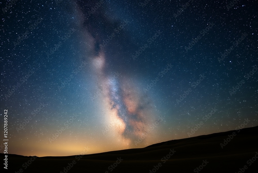Vast Night Sky with Milky Way Galaxy Over Desert Landscape Vast Night Sky with Milky Way Galaxy Over Desert Landscape