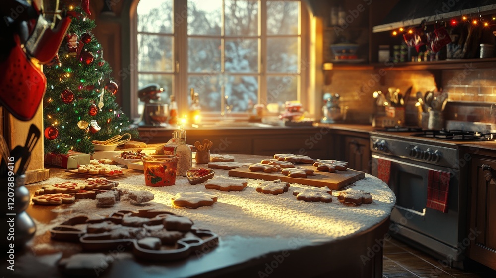 Fototapeta premium Baking christmas cookies cozy kitchen food photography winter wonderland warm atmosphere festive vibes