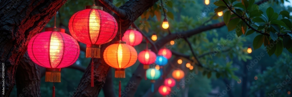 Fototapeta premium Colorful lanterns hang from a tall tree branches, flowers, festive, trees
