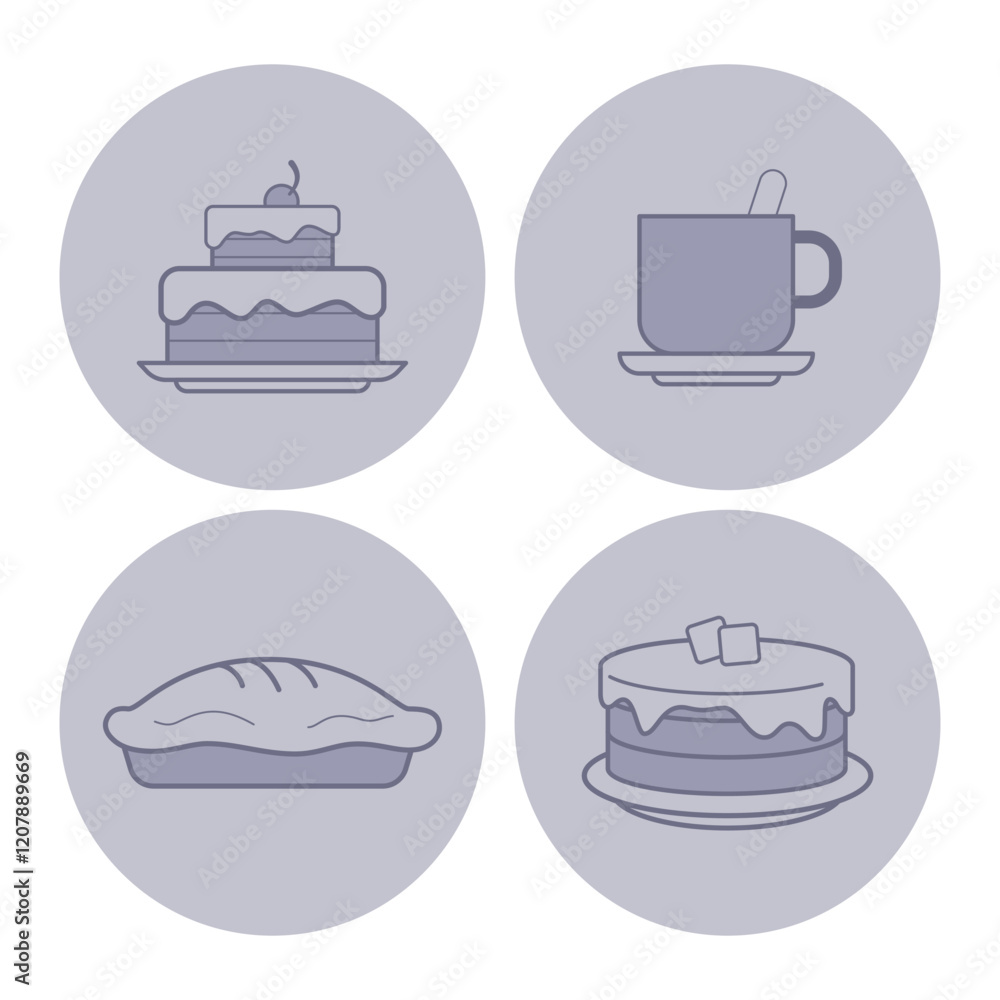 Collection of simple icons featuring various food items, including cakes, cup of drink, and pie. Ideal for desserts and snacks concept Collection of simple icons featuring various food items, including cakes, cup of drink, and pie. Ideal for desserts and snacks concept
