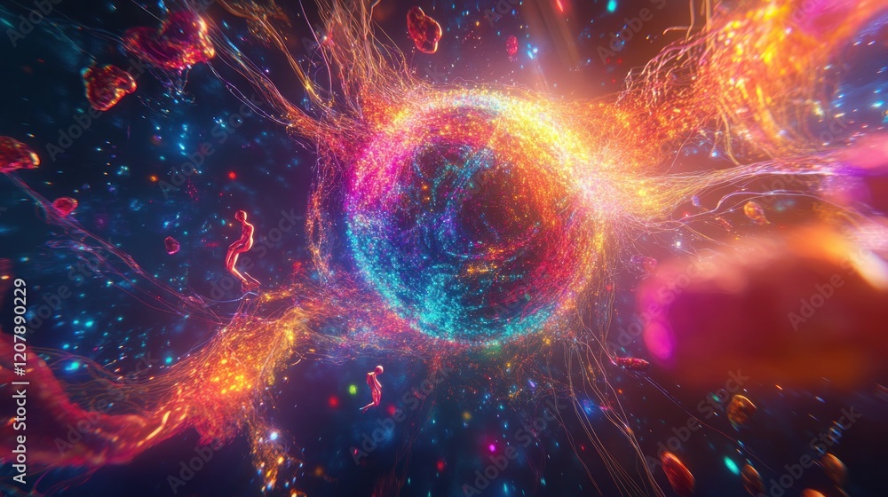 Cosmic energy sphere explodes, nebula backdrop, vibrant VFX Cosmic energy sphere explodes, nebula backdrop, vibrant VFX