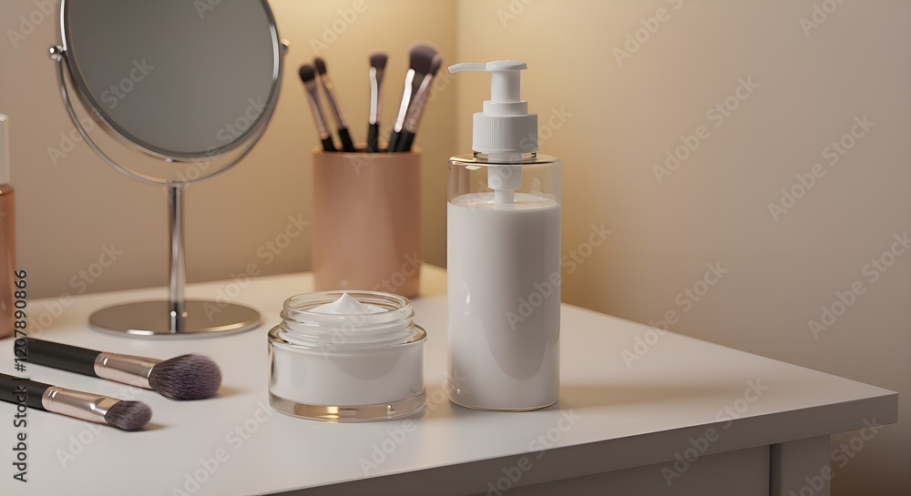 A blank moisturizer jar and lotion bottle on a vanity table next to a small mirror and makeup brushes A blank moisturizer jar and lotion bottle on a vanity table next to a small mirror and makeup brushes