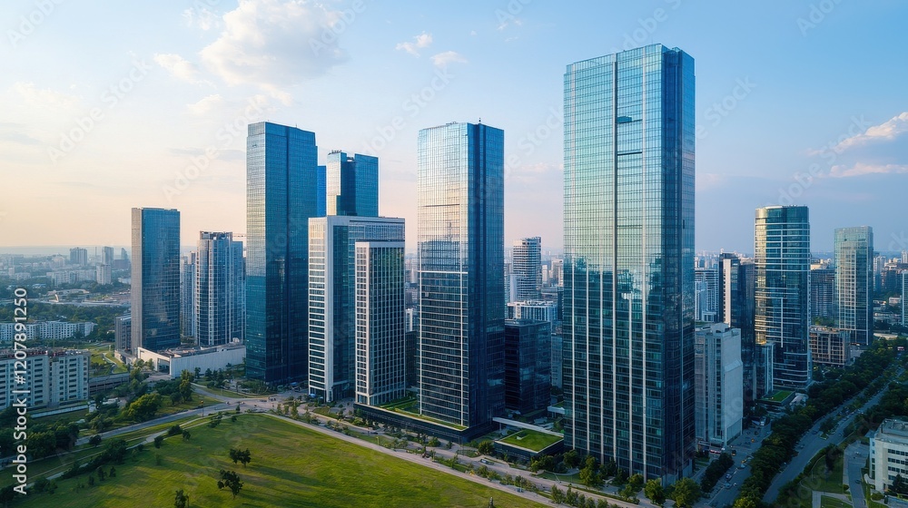 A stunning skyline of modern skyscrapers under a clear sky, showcasing urban development and green spaces in a vibrant city. A stunning skyline of modern skyscrapers under a clear sky, showcasing urban development and green spaces in a vibrant city.