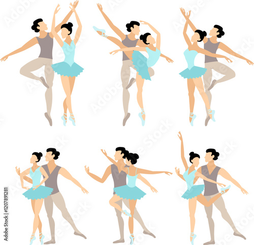 Vector people.  Ballet couple. Set of ballet couples. A beautiful ballet couple dances classical ballet. Vector illustration isolated